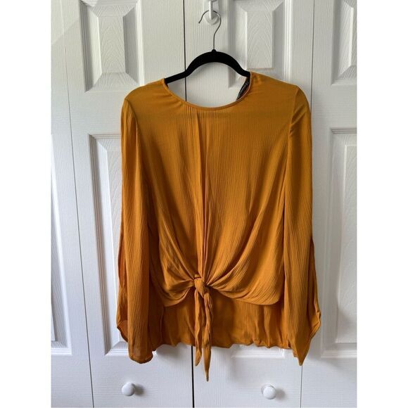 ZARA Small Mustard Yellow Knot Tie Long Sleeve Blouse Top - Picture 1 of 6